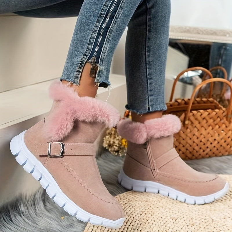 Women's Winter Boots with Plush Trim and Buckle Detail