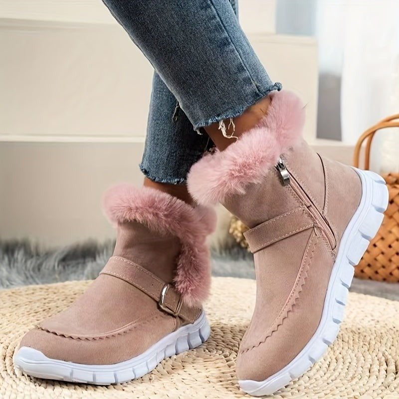 Women's Winter Boots with Plush Trim and Buckle Detail