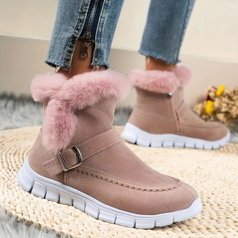 Women's Winter Boots with Plush Trim and Buckle Detail