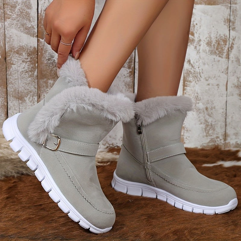 Women's Winter Boots with Plush Trim and Buckle Detail