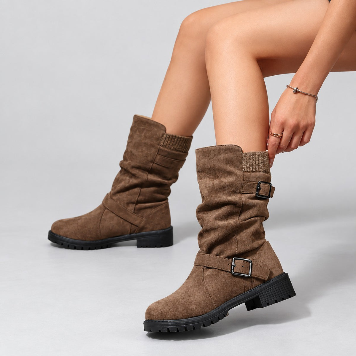 Women's Winter Boots with Slouch Knit Shaft and Buckles