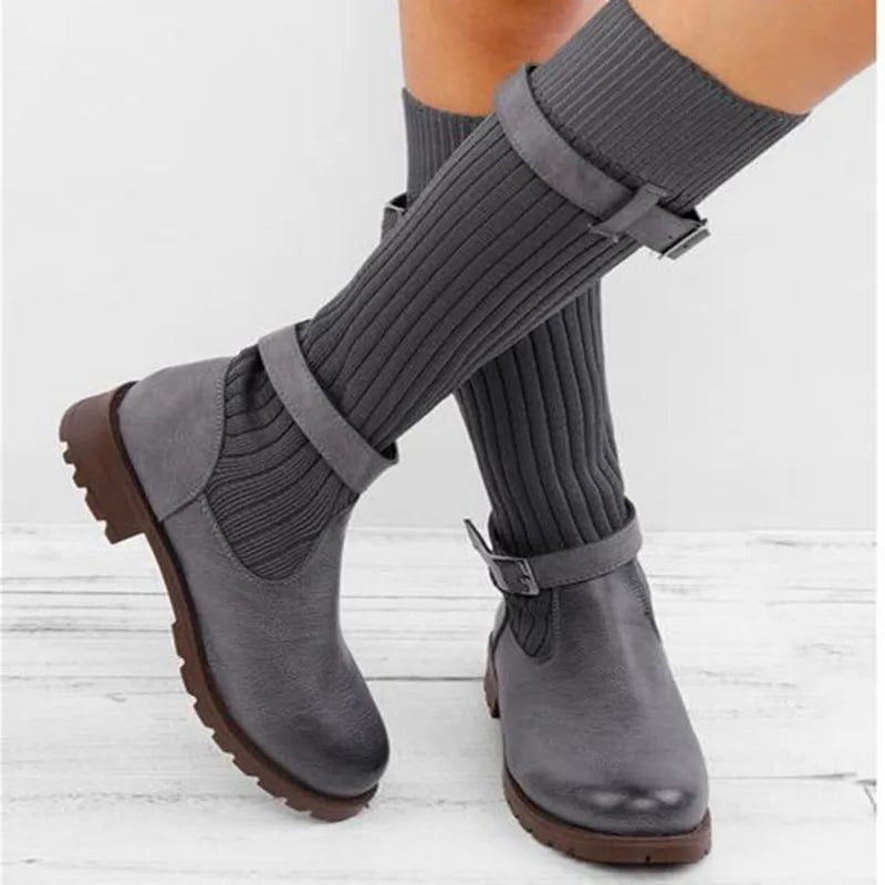 Women's Winter Boots with Slouch Knit Shaft and Buckles