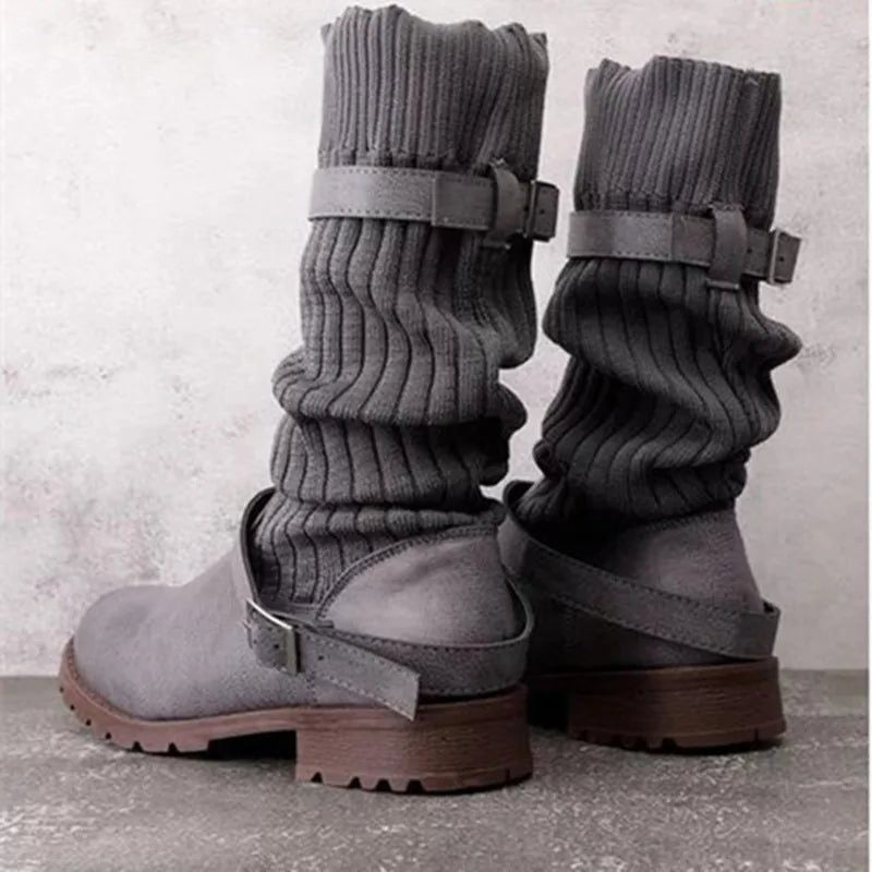 Women's Winter Boots with Slouch Knit Shaft and Buckles