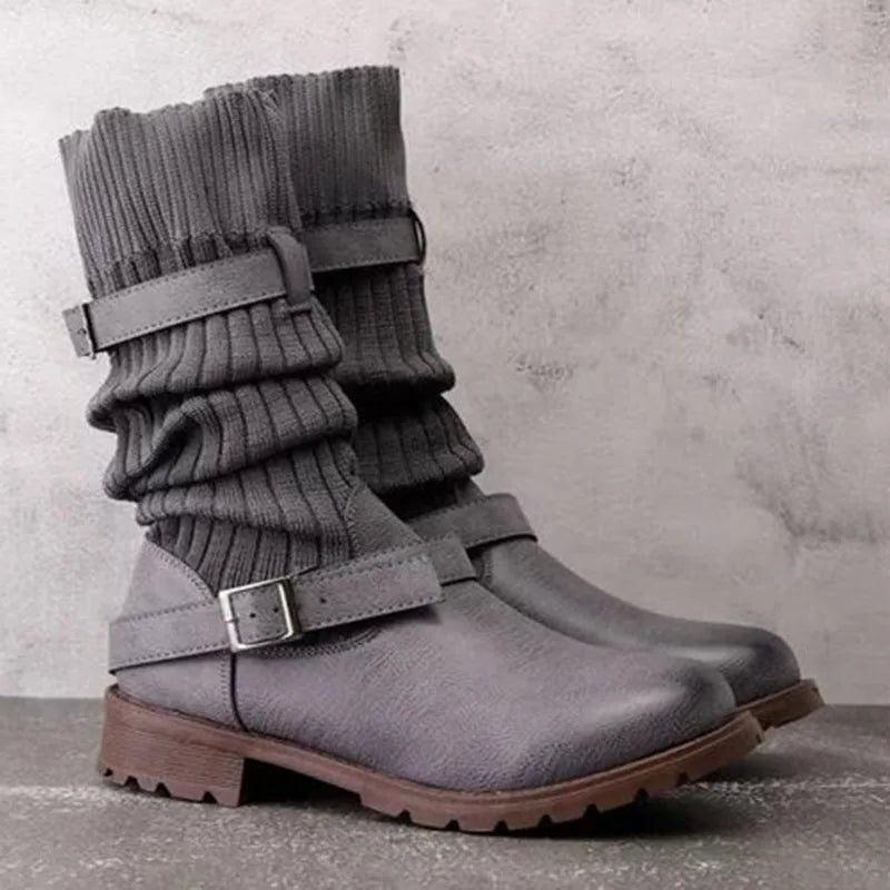 Women's Winter Boots with Slouch Knit Shaft and Buckles