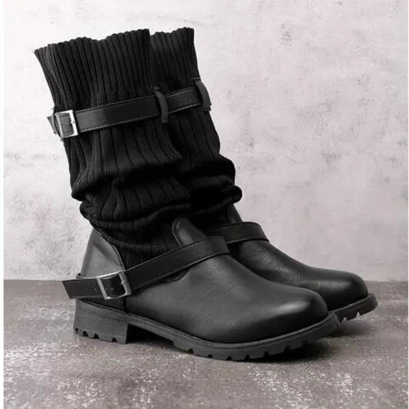 Women's Winter Boots with Slouch Knit Shaft and Buckles